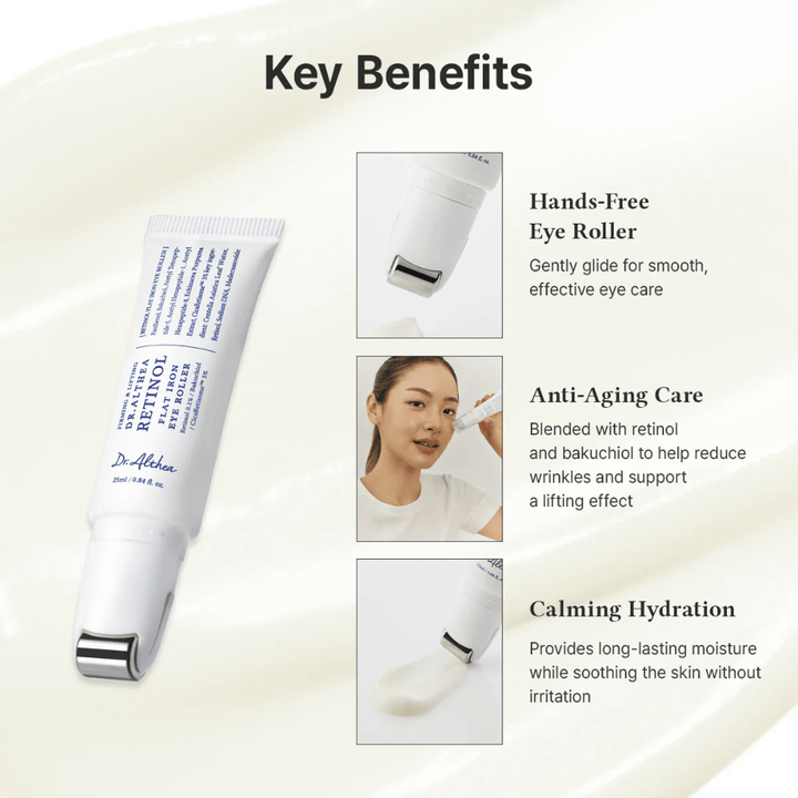 Dr. Althea Retinol Flat Iron Eye Roller met metalen roller voor verkoelend effect, anti-aging eigenschappen en langdurige hydratatie zonder irritatie.