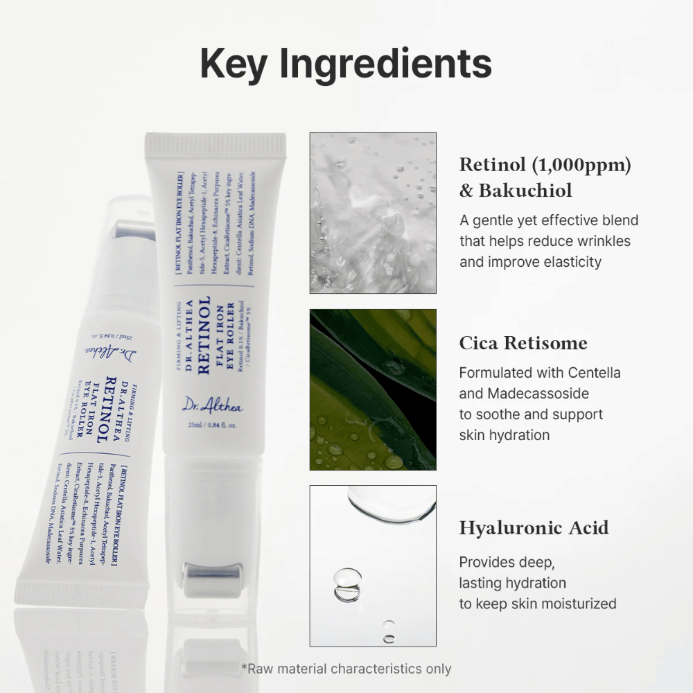 Dr. Althea Retinol Flat Iron Eye Roller met retinol, bakuchiol, cica en hyaluronzuur die hydrateert, kalmeert en rimpels vermindert.