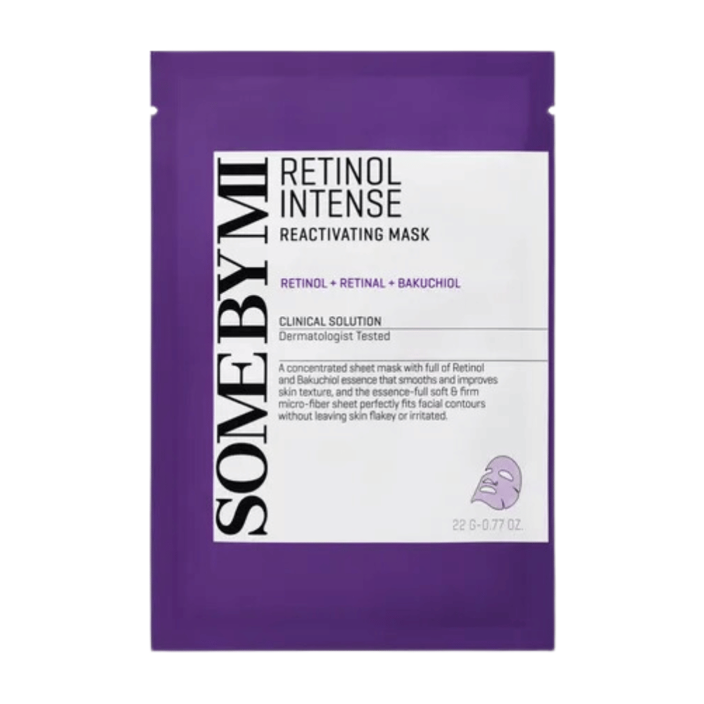 De afbeelding toont een verpakking van "Retinol Intense Reactivating Mask", een huidverzorgingsproduct dat retinol, retinal en bakuchiol bevat. Het masker is dermatologisch getest.