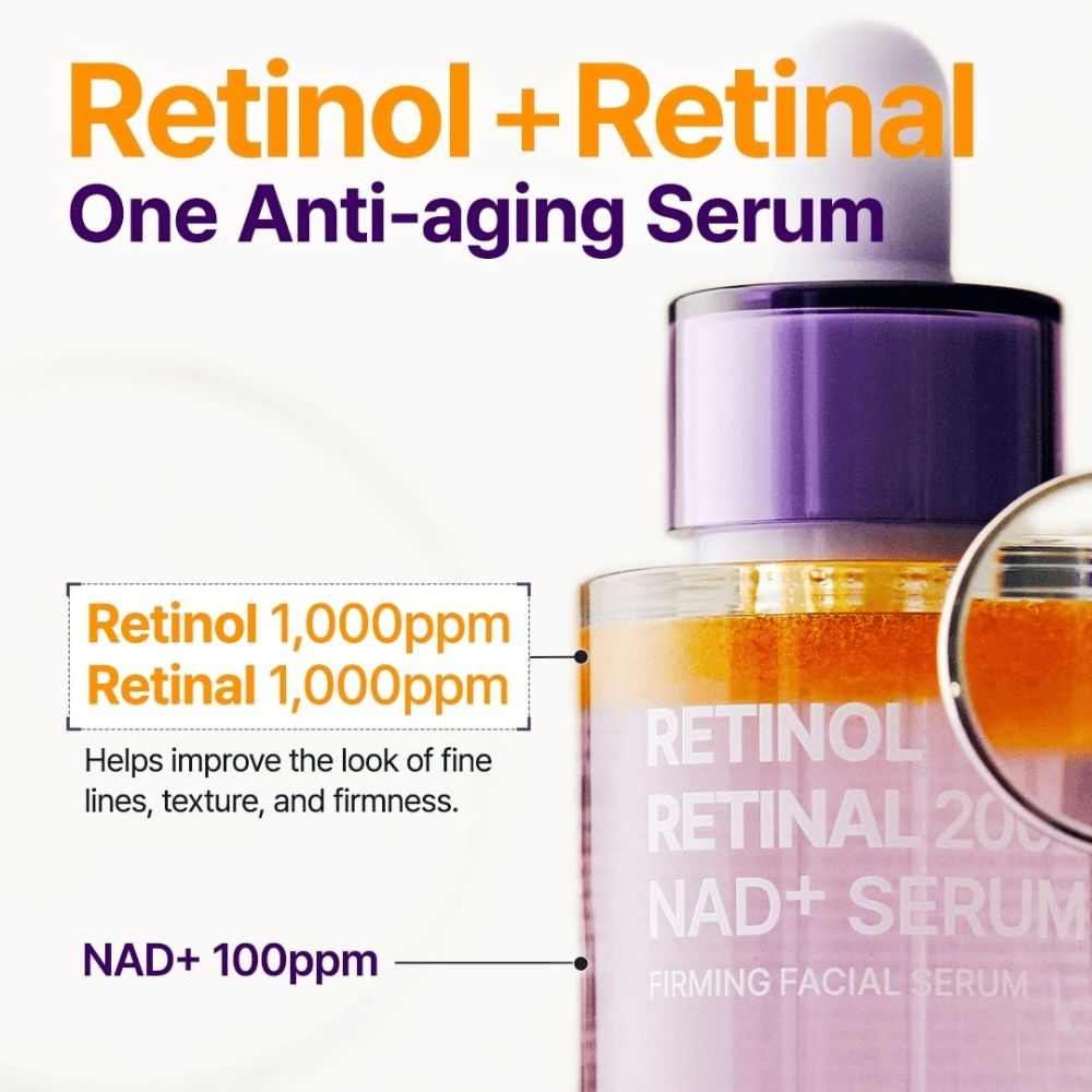 PURITO SEOUL Retinol Retinal 2000 NAD+ Serum met 1000 ppm retinol, 1000 ppm retinal en 100 ppm NAD+ voor fijne lijntjes, textuur en stevigheid.