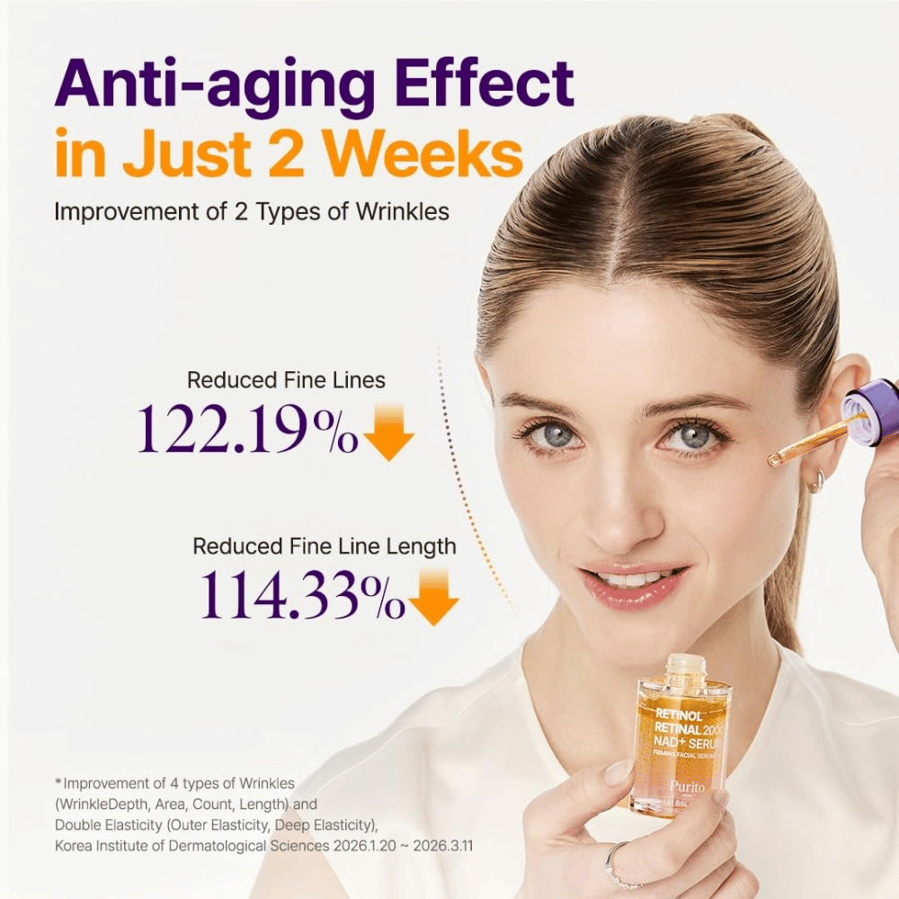 PURITO SEOUL Retinol Retinal 2000 NAD+ Serum – Koreaans anti-aging serum ontwikkeld om de zichtbaarheid van fijne lijntjes en rimpels te verminderen.
