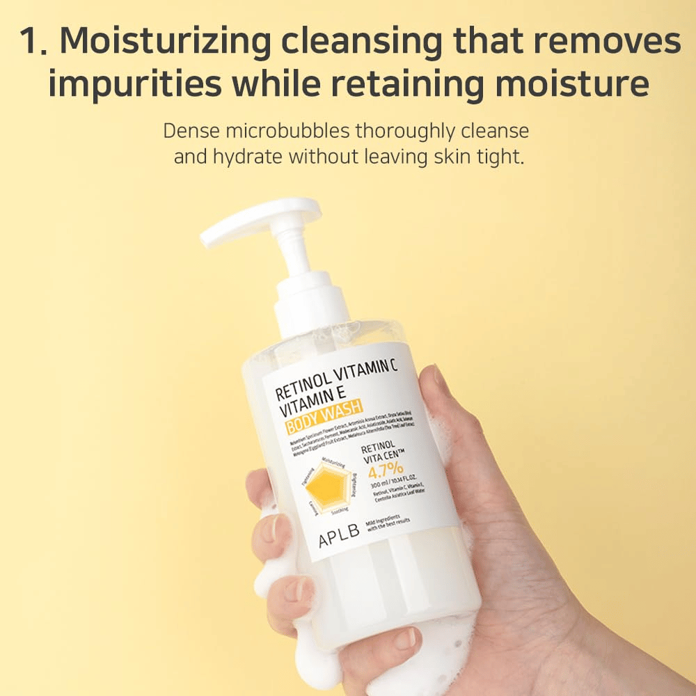 2. APLB Retinol Vitamin C Vitamin E Body Wash – milde douchegel met microbelletjes die reinigt zonder de huid uit te drogen