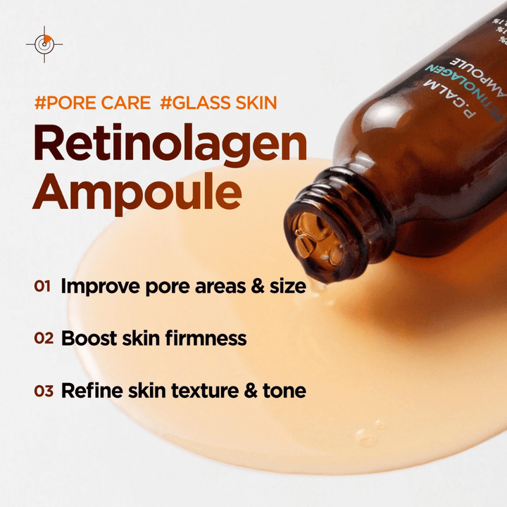 Marketingafbeelding voor P.CALM Retinolagen Ampoule met serum dat uit de fles stroomt over een gouden serumtextuur. De afbeelding benadrukt voordelen zoals verbeterde poriegrootte, verhoogde huidstevigheid en een egalere huidtoon.
