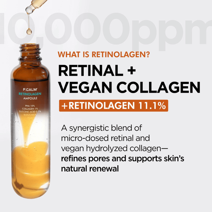 Productafbeelding van P.CALM Retinolagen Ampoule samen met informatie over “Retinolagen”, een combinatie van retinal en vegan collageen. De afbeelding benadrukt huidvernieuwing, verbeterde huidstructuur en porieverfijning.