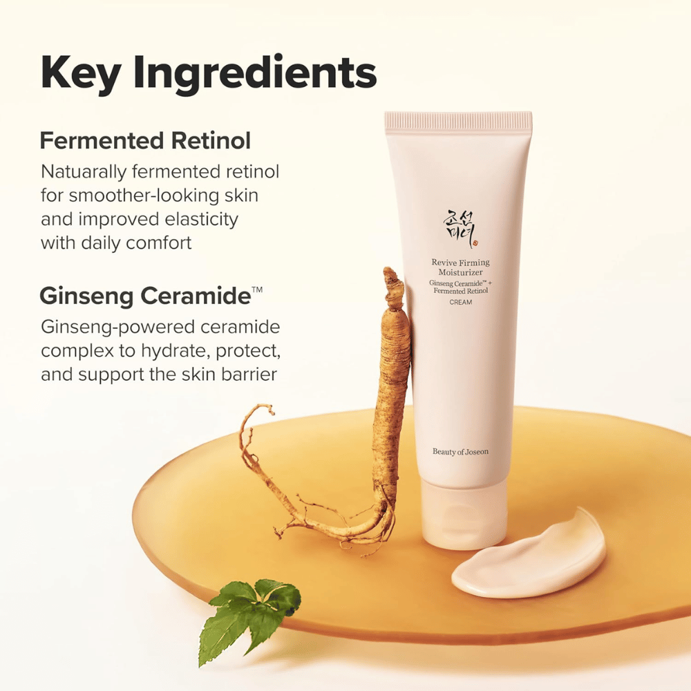 Afbeelding – ingrediënten (SEO + EEAT)
Beauty of Joseon Revive Firming Moisturizer met ginseng ceramide en gefermenteerde retinol die de huidbarrière versterkt en de elasticiteit van de huid verbetert.
