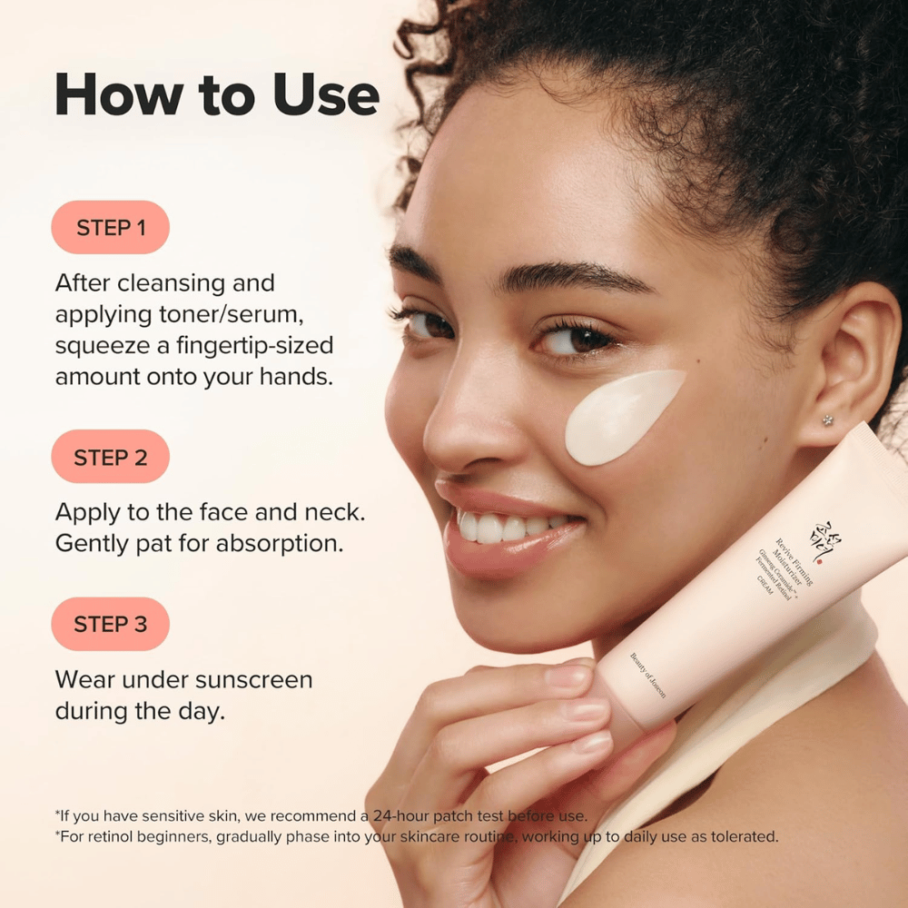 Afbeelding – how to use / applicatie
Beauty of Joseon Revive Firming Moisturizer wordt na het reinigen op het gezicht aangebracht, hydrateert de huid en verbetert de elasticiteit met retinol.