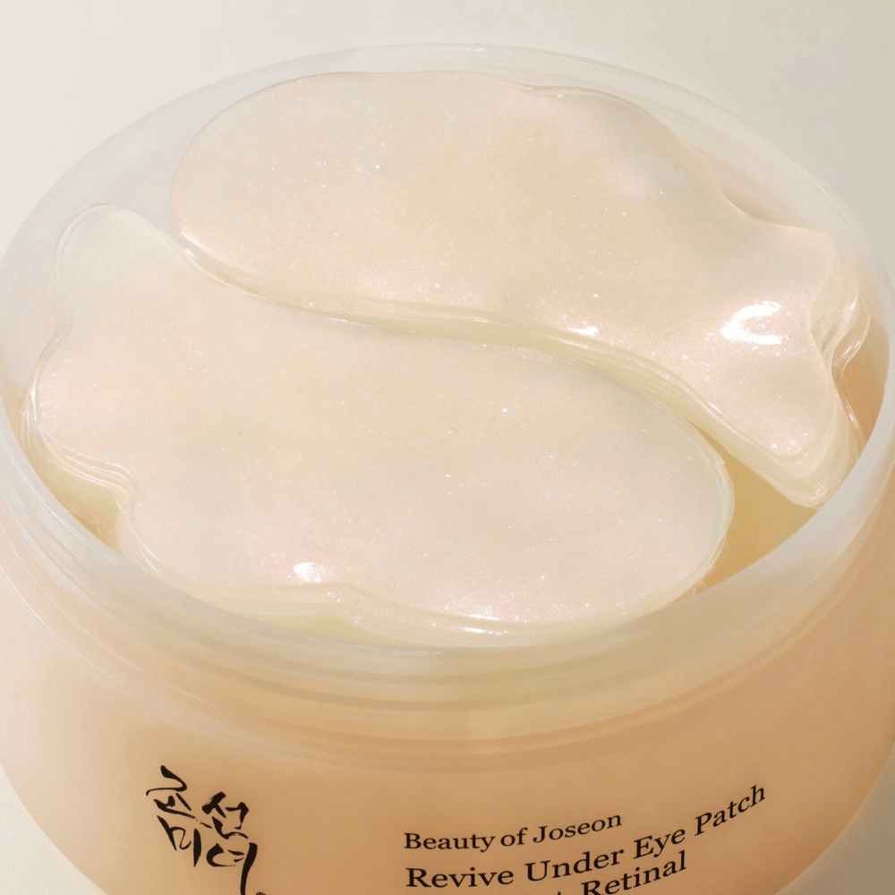 Overzicht van Beauty of Joseon Revive Under Eye Patch in pot met meerdere gelpatches, Koreaanse oogverzorging voor droogheid, fijne lijntjes en vermoeide huid rond de ogen.