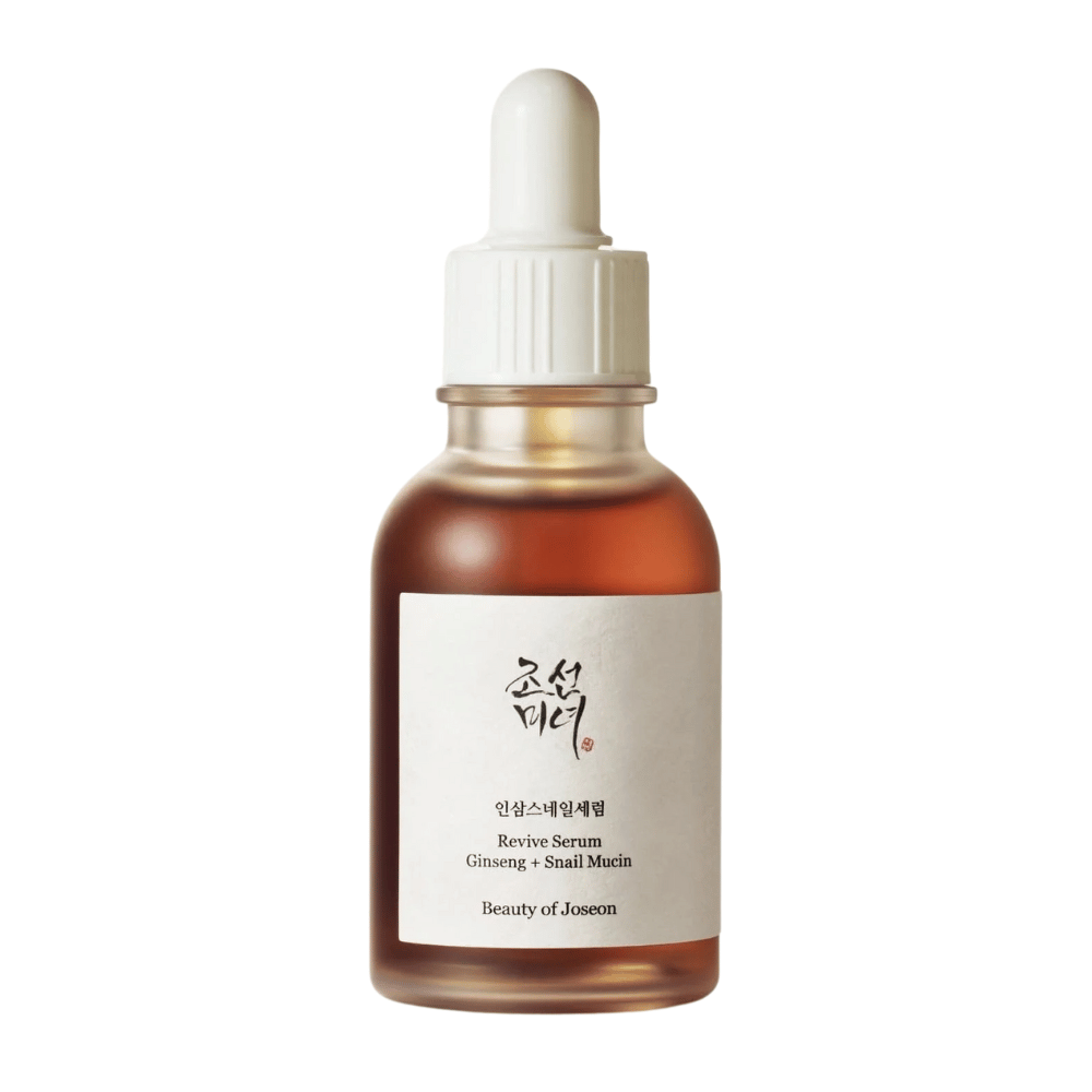 Productafbeelding van Beauty of Joseon Revive Serum Ginseng + Slakkenslijm in bruine glazen fles – anti-aging serum voor stevigere huid.