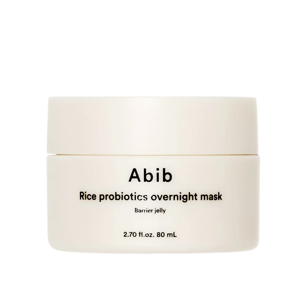 Productafbeelding van Abib Rice Probiotics Overnight Mask Barrier Jelly – een witte pot met zwarte tekst die 80 ml nachtmasker bevat om de huidbarrière te versterken en de huid te hydrateren.
