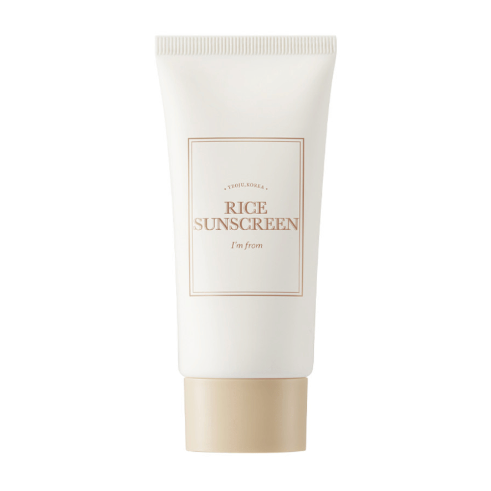 Tube met "I'm from" Rice Sunscreen SPF50+ PA++++, zonnebrandcrème met rijstextract.