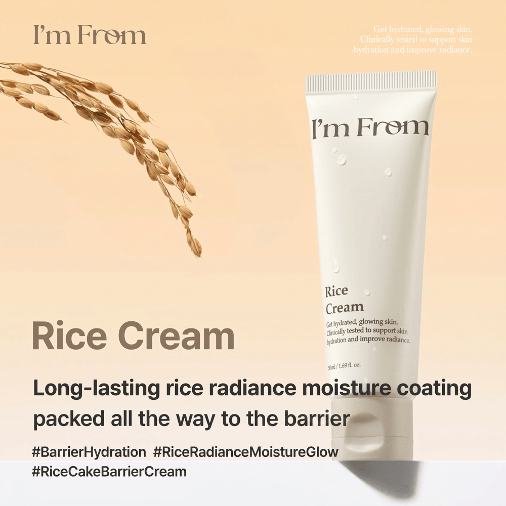I'm From Rice Cream verrijkt met Yeoju-rijst die hydrateert, verzacht en de huid een natuurlijke glans geeft