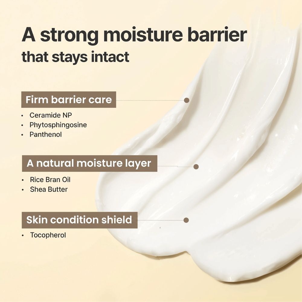 Crèmetextuur van I'm From Rice Cream met ceramiden, panthenol en sheaboter die de huidbarrière versterken