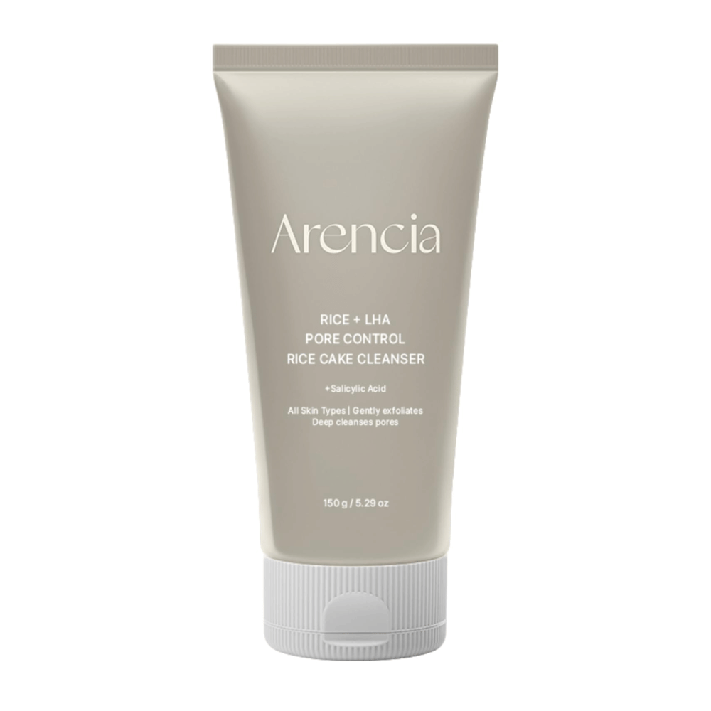 Arencia Rice + LHA Pore Control Rice Cake Cleanser in volledig beeld tegen een witte achtergrond, Koreaanse gezichtsreiniger met rijst en LHA voor zachte exfoliatie en gebalanceerde huid.