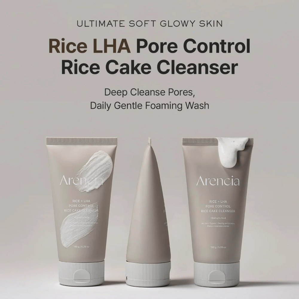 Productpresentatie van Arencia Rice + LHA Pore Control Rice Cake Cleanser vanuit meerdere hoeken, dagelijkse schuimende gezichtsreiniger voor helderdere poriën en egalere huidstructuur.