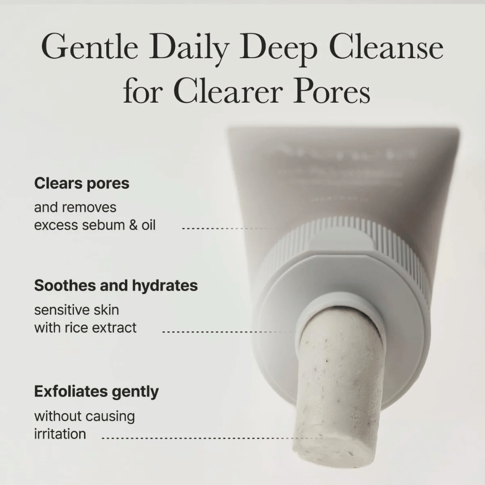 Informatiebeeld die toont hoe Arencia Rice + LHA Pore Control Rice Cake Cleanser poriën reinigt, gevoelige huid hydrateert en zacht exfolieert zonder irritatie.