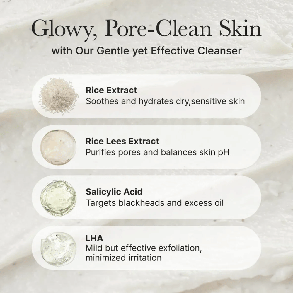 Ingrediëntenoverzicht voor Arencia Rice + LHA Pore Control Rice Cake Cleanser met rijstextract, rijstbostel extract, salicylzuur en LHA voor kalmerende, poriënreinigende en balancerende effect.