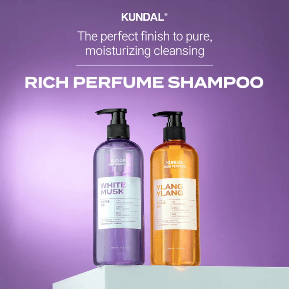 7. KUNDAL Rich Perfume Shampoo White Musk & Ylang Ylang 500 ml – reinigende shampoo met hydraterende eigenschappen in twee geurvarianten