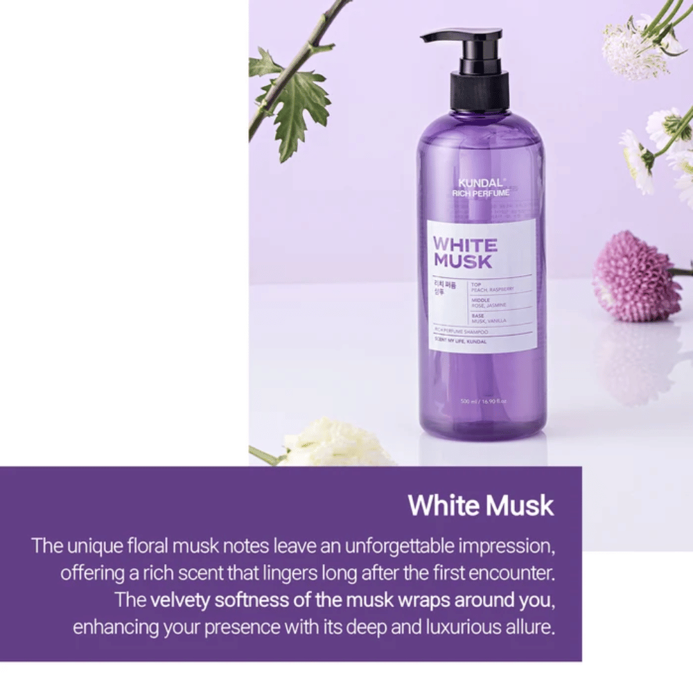 4. KUNDAL Rich Perfume Shampoo White Musk – paarse shampoofles met bloemige noten en zachte muskusgeur