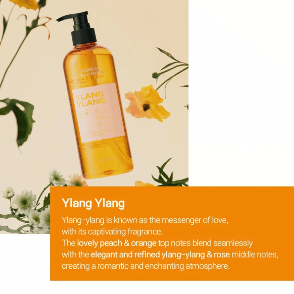 3. KUNDAL Rich Perfume Shampoo Ylang Ylang – oranje shampoofles met bloemige en fruitige geur