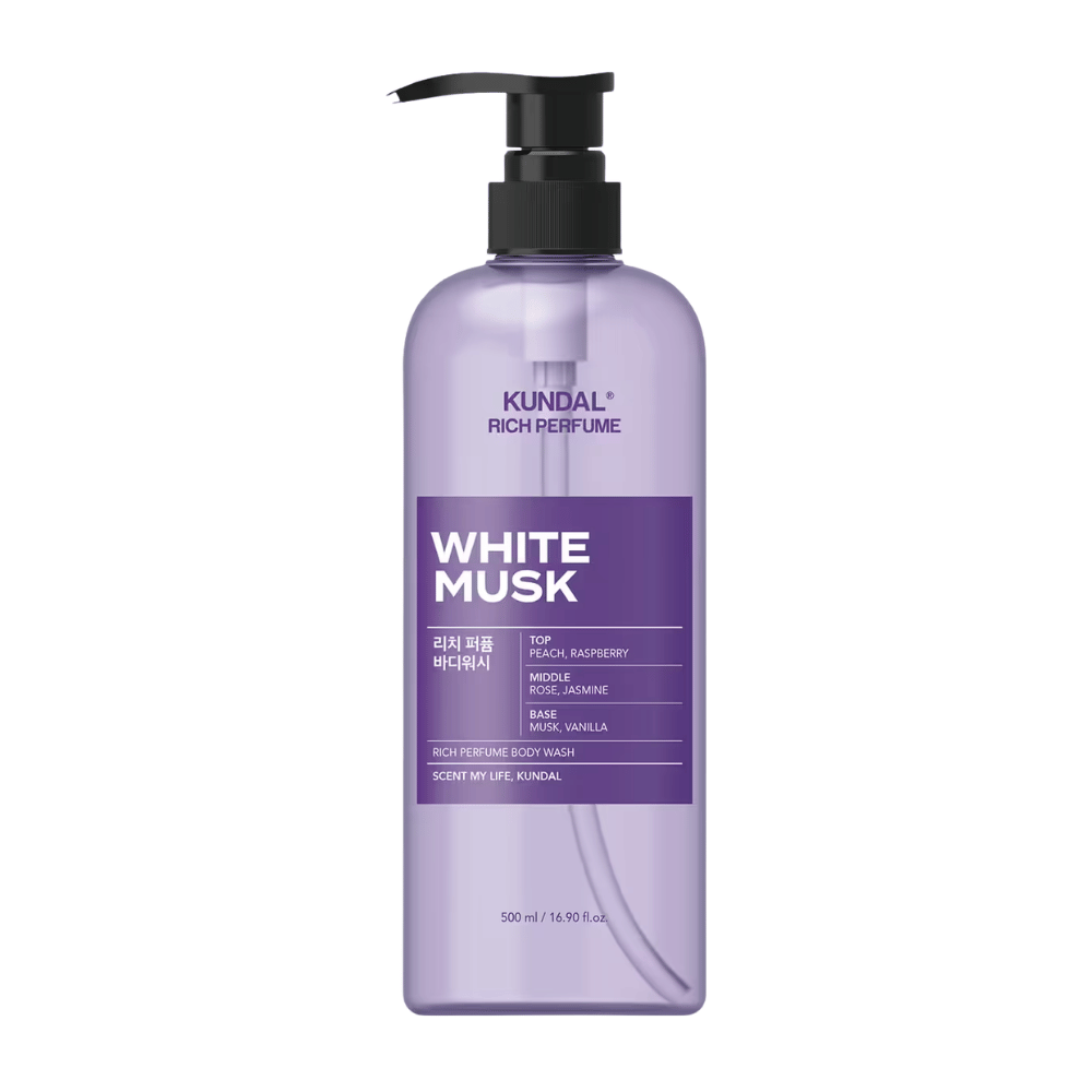 7. KUNDAL Rich Perfume Body Wash White Musk 500 ml – paarse douchegel met geur van perzik, framboos, roos, jasmijn, muskus en vanille
