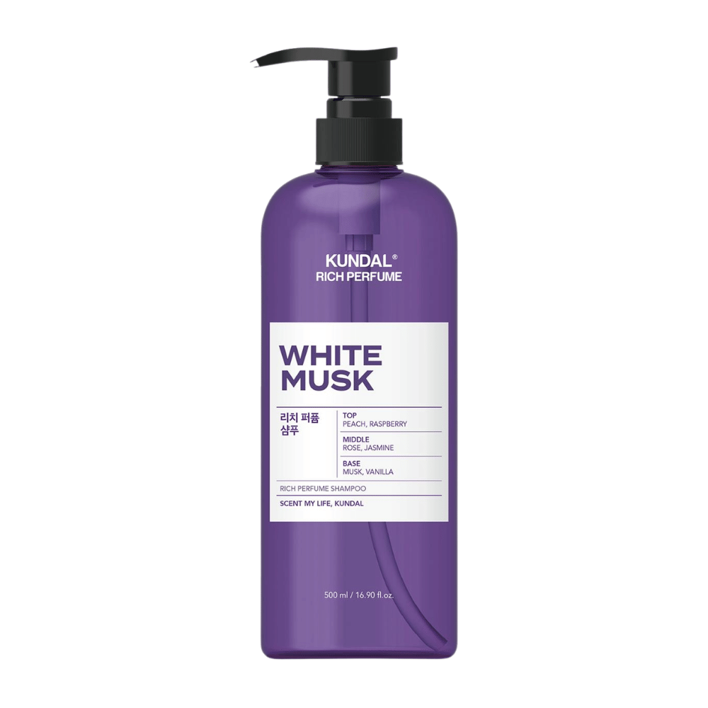 2. KUNDAL Rich Perfume Shampoo White Musk 500 ml – shampoo met geur van perzik, framboos, roos, jasmijn, muskus en vanille