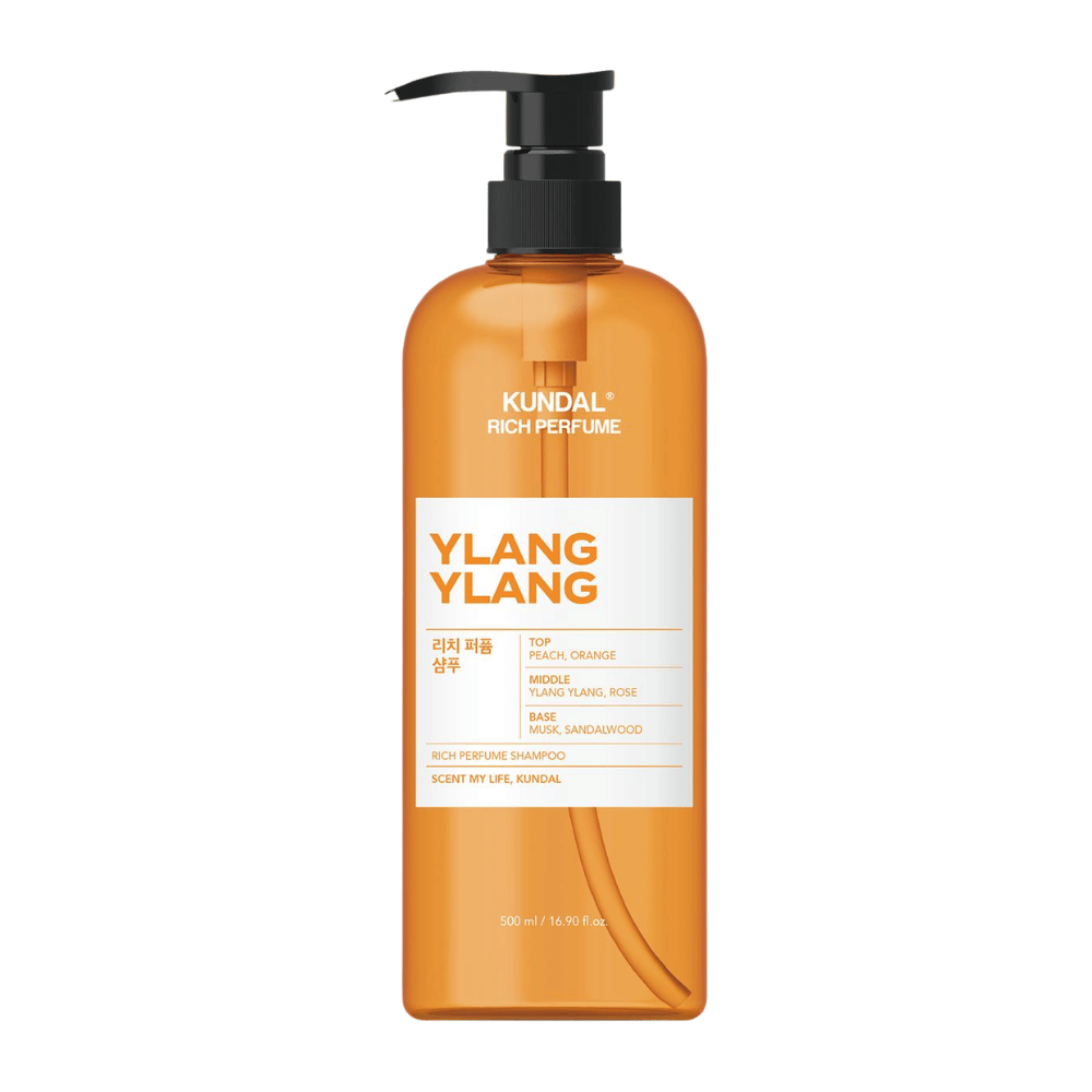 1. KUNDAL Rich Perfume Shampoo Ylang Ylang 500 ml – geparfumeerde shampoo met geur van perzik, sinaasappel, ylang-ylang en roos