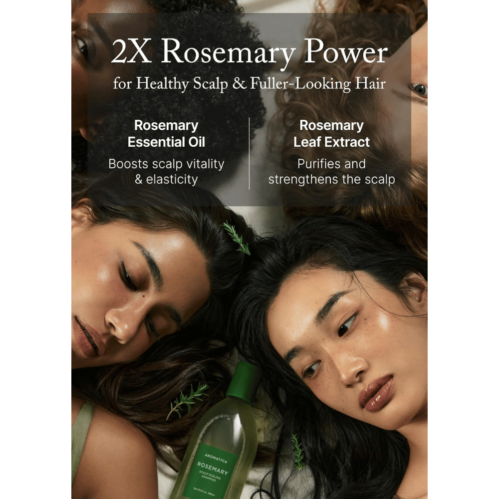 AROMATICA Rosemary Scalp Scaling Shampoo met rozemarijnolie en rozemarijnextract die de hoofdhuid versterken, diep reinigen en voller haar bevorderen.
