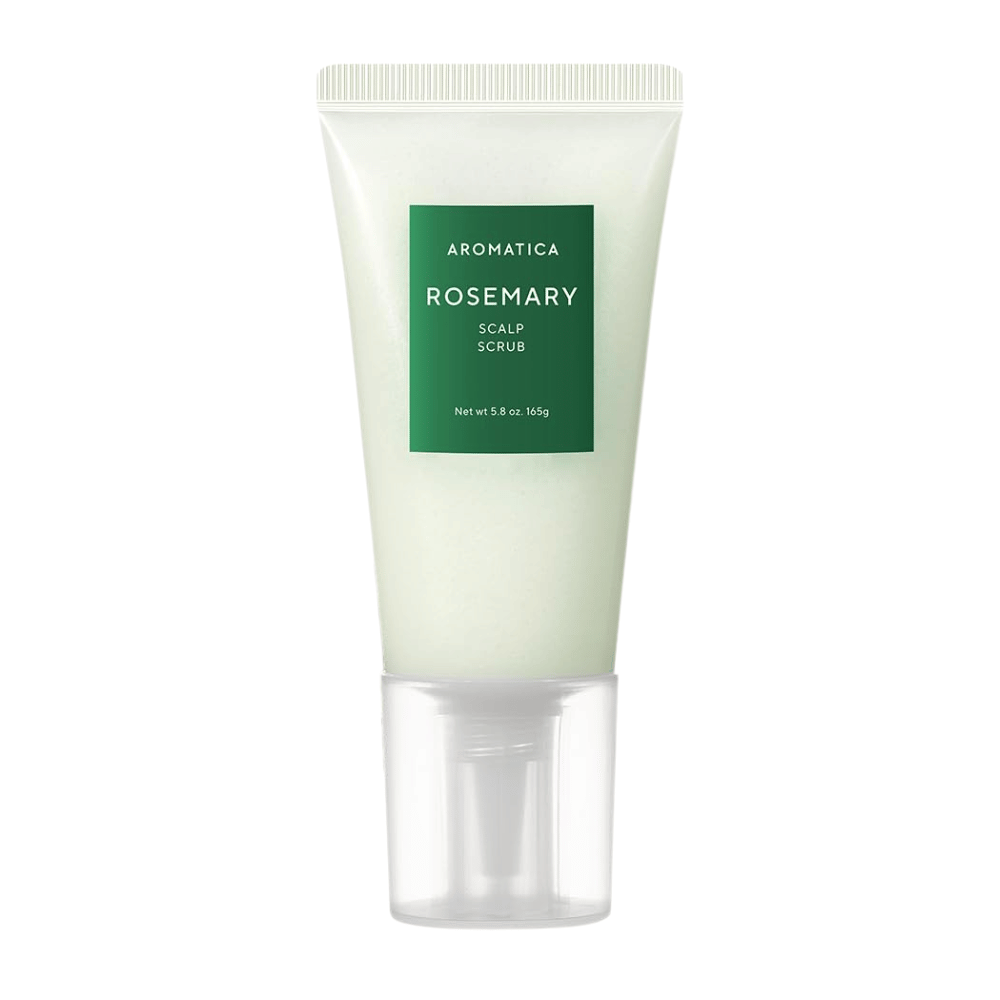 4. AROMATICA Rosemary Scalp Scrub 165 g – exfoliërende hoofdhuidscrub met rozemarijn in lichtgroene tube tegen witte achtergrond