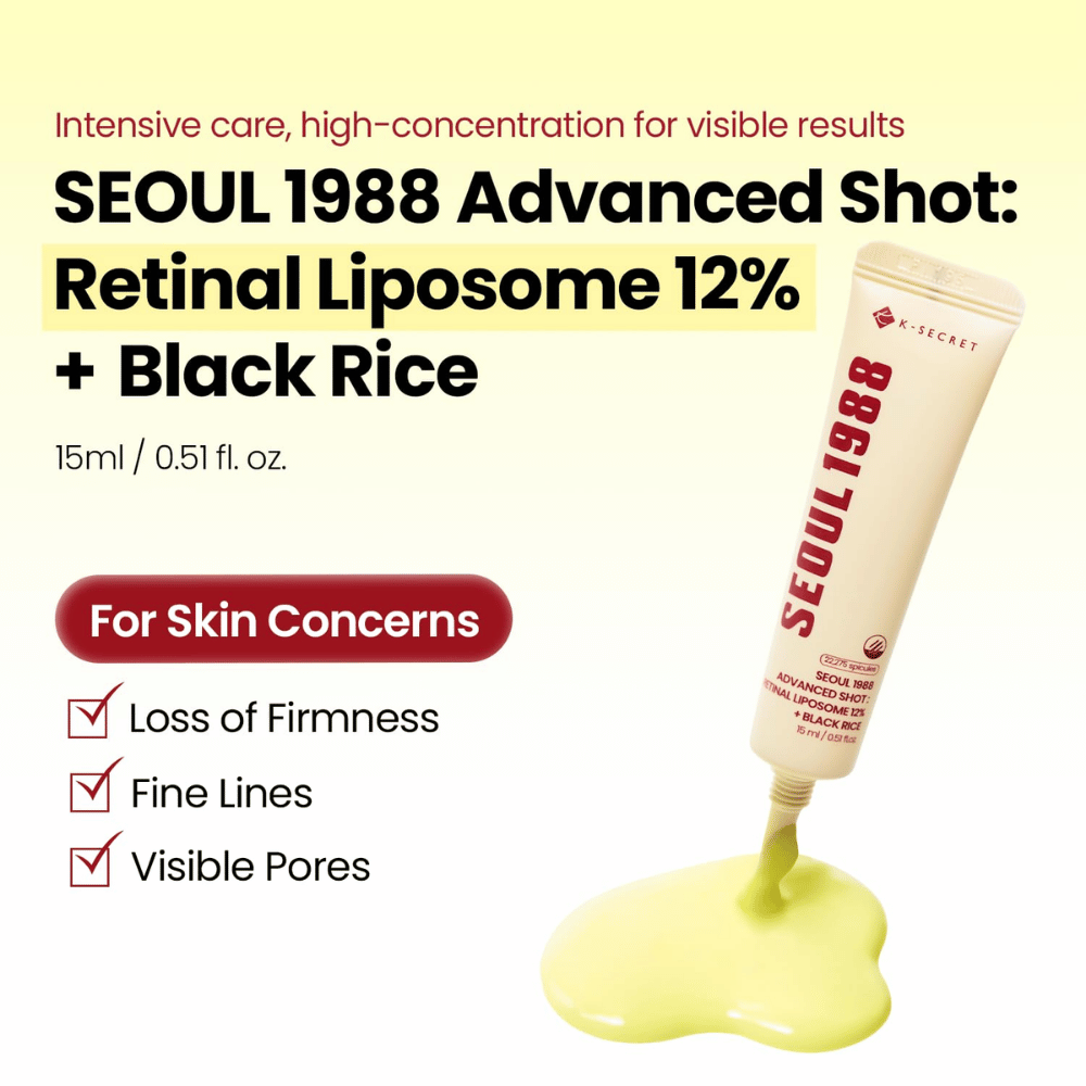 K-SECRET SEOUL 1988 Advanced Shot Retinal Liposome 12% + Black Rice 15 ml – intensieve retinale behandeling voor fijne lijntjes, zichtbare poriën en verlies van stevigheid.