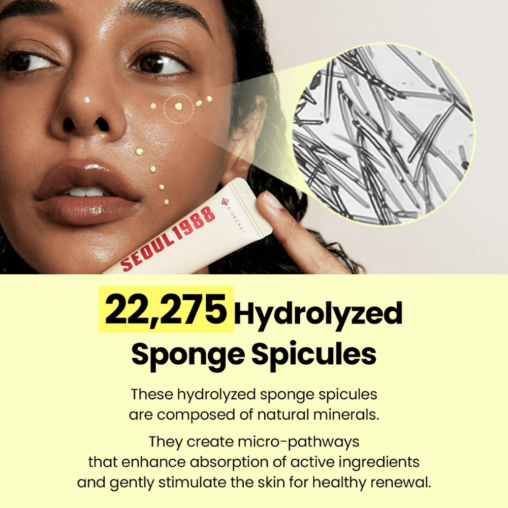 K-SECRET SEOUL 1988 Advanced Shot – formule met 22.275 gehydrolyseerde sponsspicula die worden gecombineerd met actieve huidverzorgingsingrediënten.