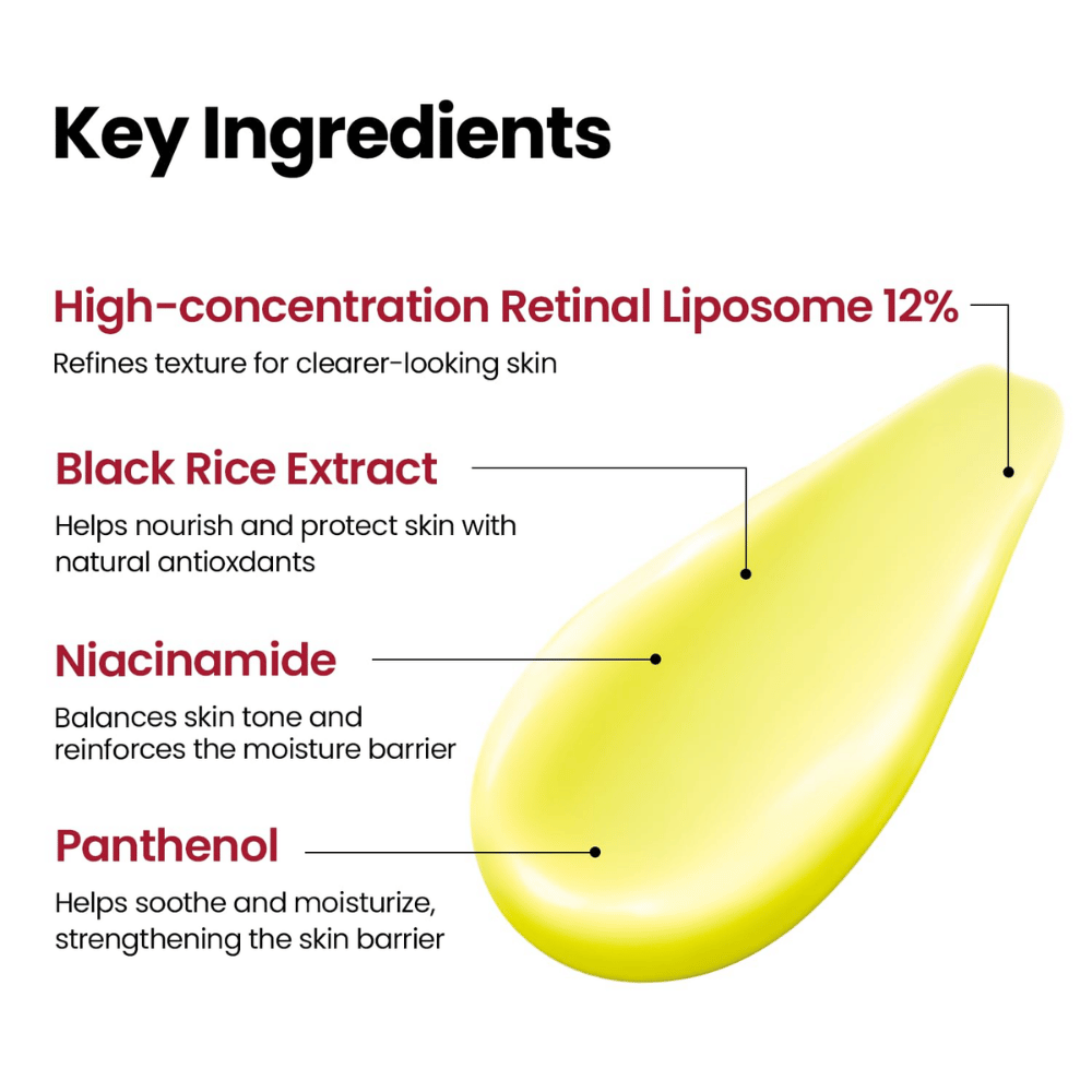 K-SECRET SEOUL 1988 Advanced Shot – geconcentreerde formule met Retinal Liposome 12%, zwarte rijst, niacinamide en panthenol.