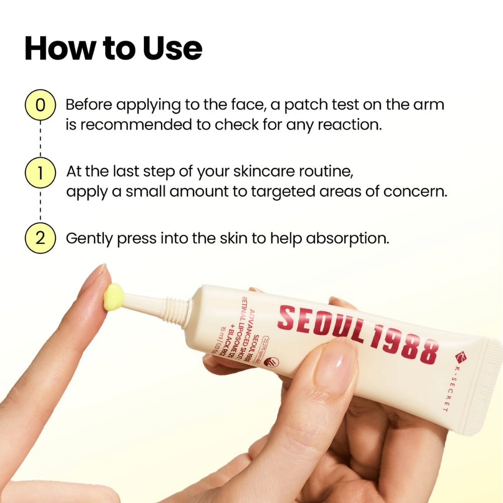 K-SECRET SEOUL 1988 Advanced Shot Retinal Liposome 12% + Black Rice – breng de retinale behandeling aan als laatste stap in de huidverzorgingsroutine.