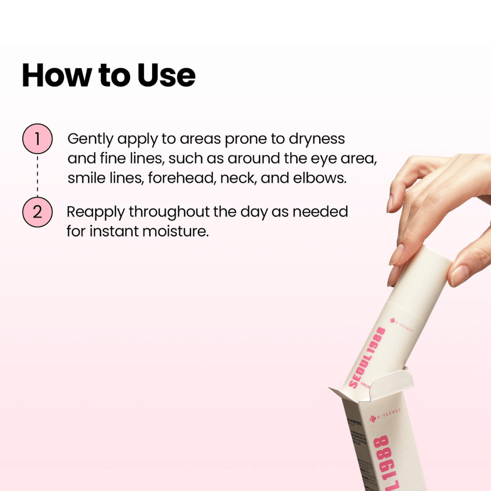 K-SECRET SEOUL 1988 Multi Balm Collagen Complex 7 + Plum – aanbrengen van hydraterende balm op droge zones en fijne lijntjes.