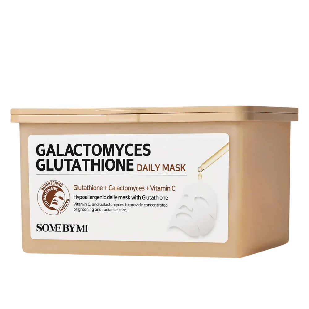 Galactomyces Glutathione Daily Mask van Some By Mi is een hypoallergene gezichtsmasker die glutathion, galactomyces en vitamine C combineert. Het biedt een geconcentreerde behandeling om de huid op te lichten en een stralende glans te geven, terwijl het de huid verzorgt.