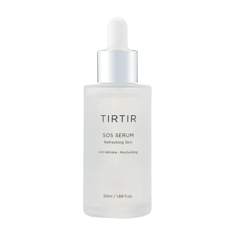Fles met TIRTIR SOS Serum, bedoeld voor verfrissende en hydraterende huidverzorging.