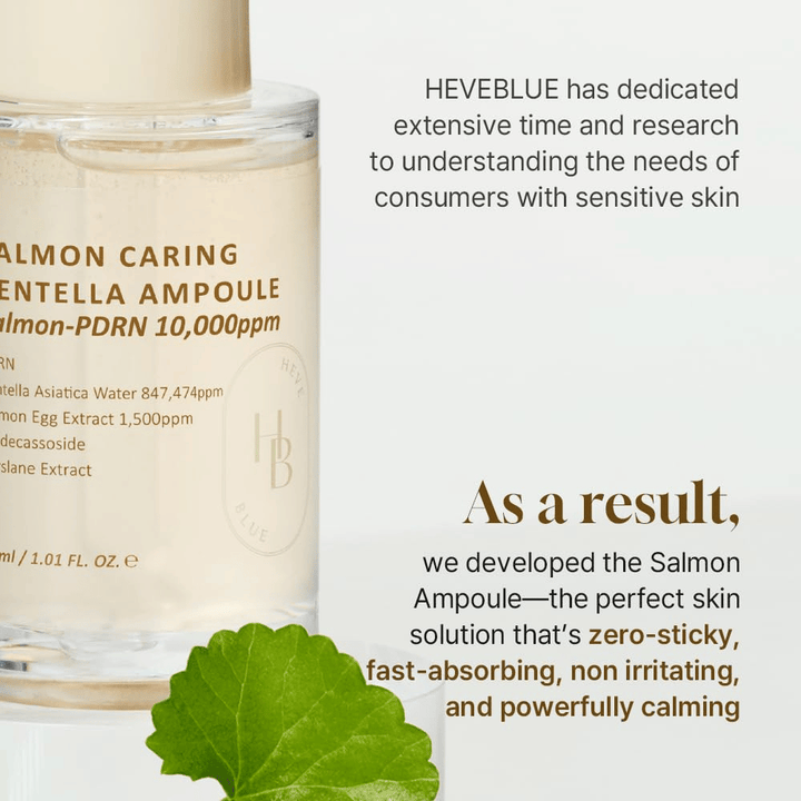 Heveblue Salmon Caring Centella Ampoule – snel absorberend PDRN-serum met centella voor gevoelige huid, kalmeert irritatie en herstelt de huidbarrière