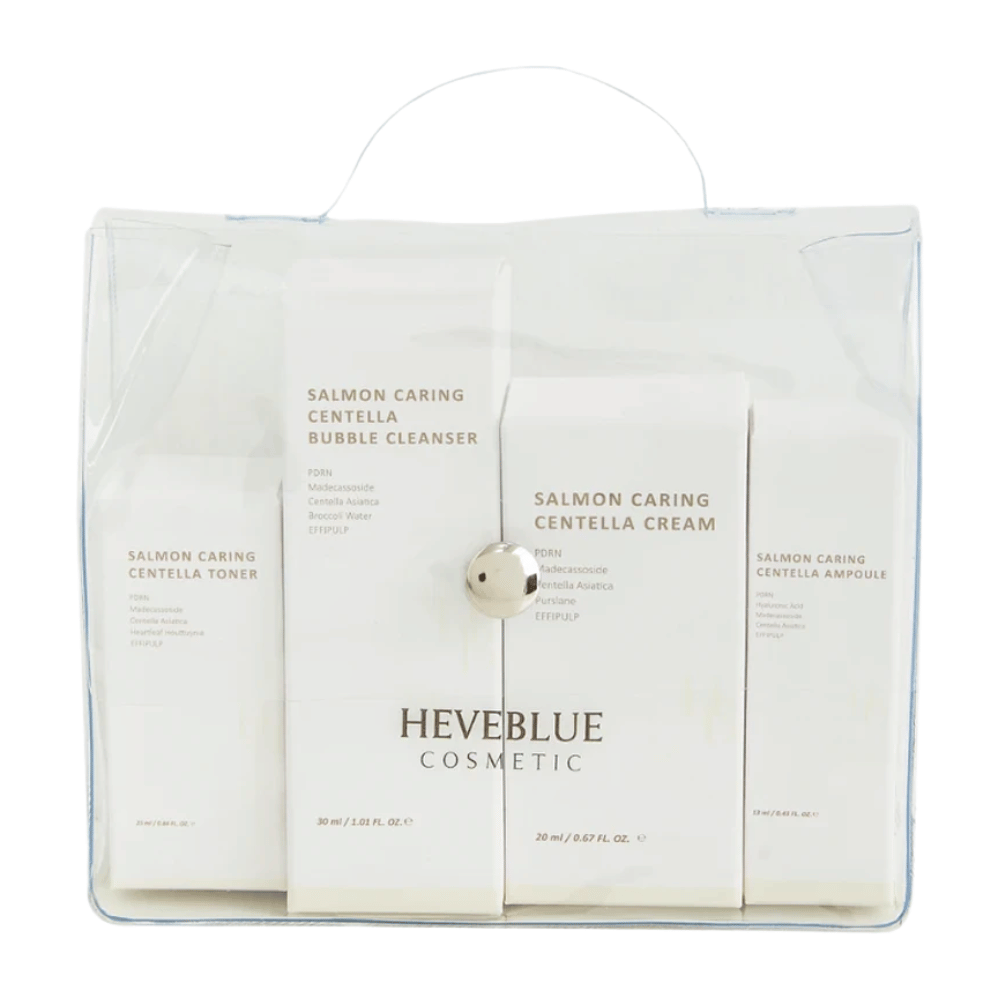 Heveblue Salmon Caring Centella Special Travel Kit huidverzorgingsset – Koreaanse huidverzorgingsroutine met toner, bubble cleanser, crème en ampoule met Centella Asiatica en PDRN.