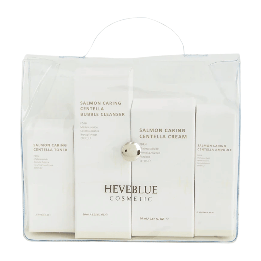 Heveblue Salmon Caring Centella Special Travel Kit huidverzorgingsset – Koreaanse huidverzorgingsroutine met toner, bubble cleanser, crème en ampoule met Centella Asiatica en PDRN.