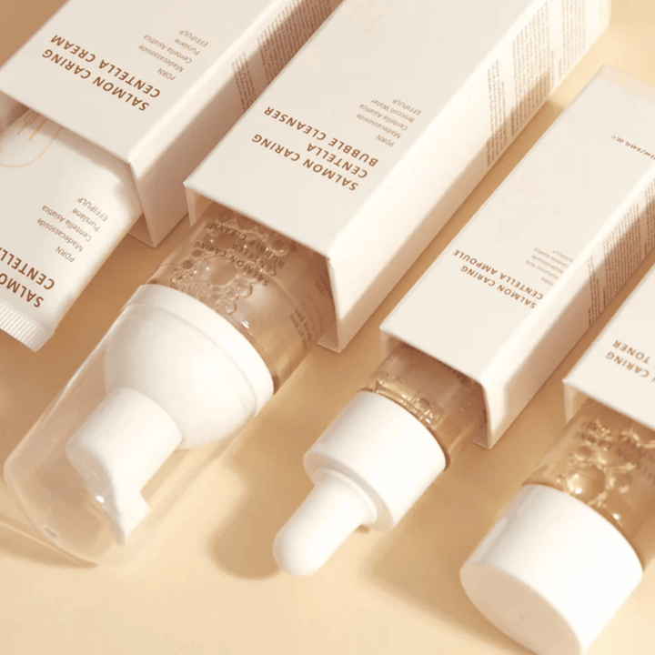 Heveblue Salmon Caring Centella Travel Kit huidverzorgingsset – Koreaanse huidverzorgingsproducten met Centella Asiatica en PDRN die helpen om de huid te hydrateren, te kalmeren en de huidbarrière te versterken.