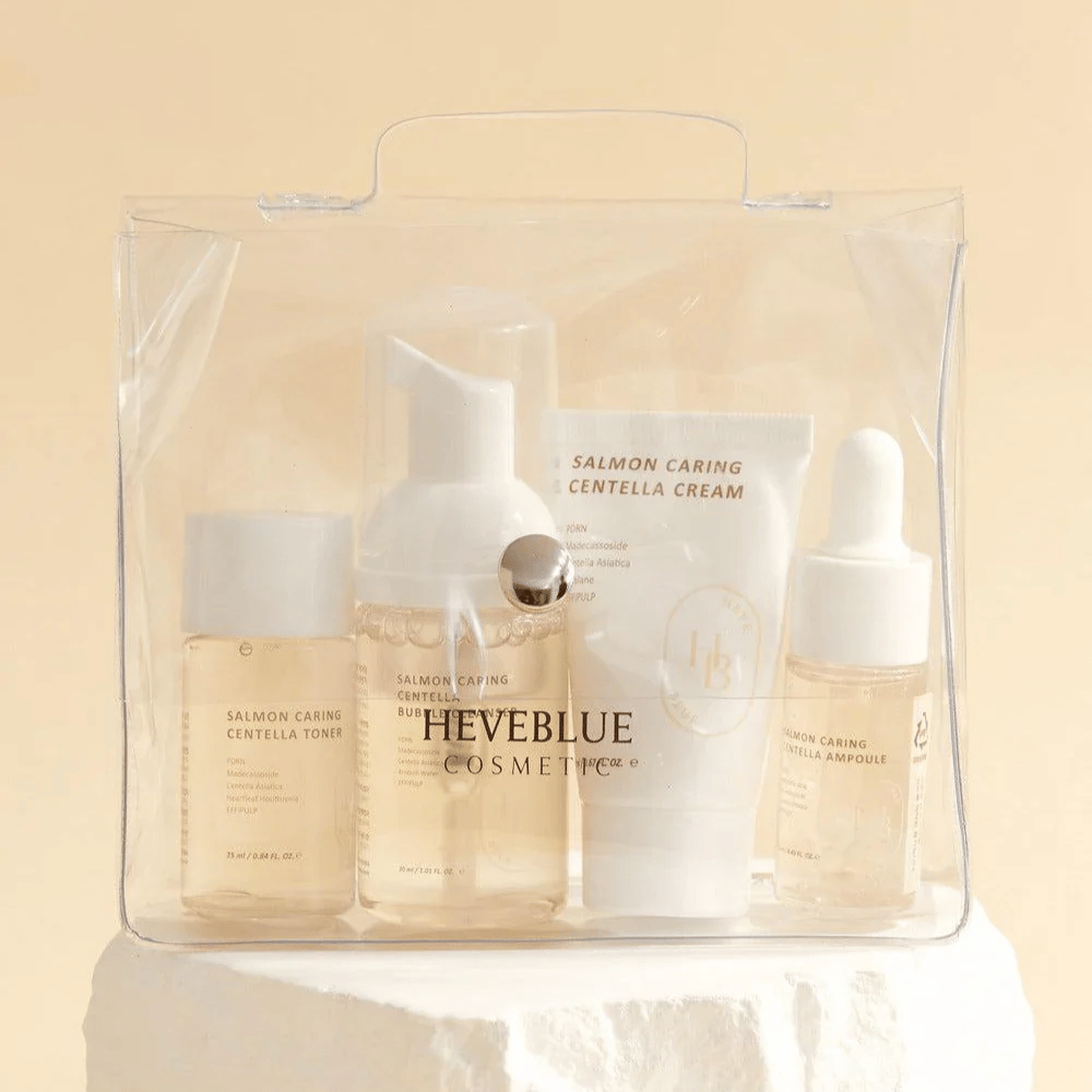 Heveblue Salmon Caring Centella Special Travel Kit – Koreaanse huidverzorgingsset met toner, bubble cleanser, crème en ampoule met Centella Asiatica en PDRN van zalm in praktische reisverpakking.