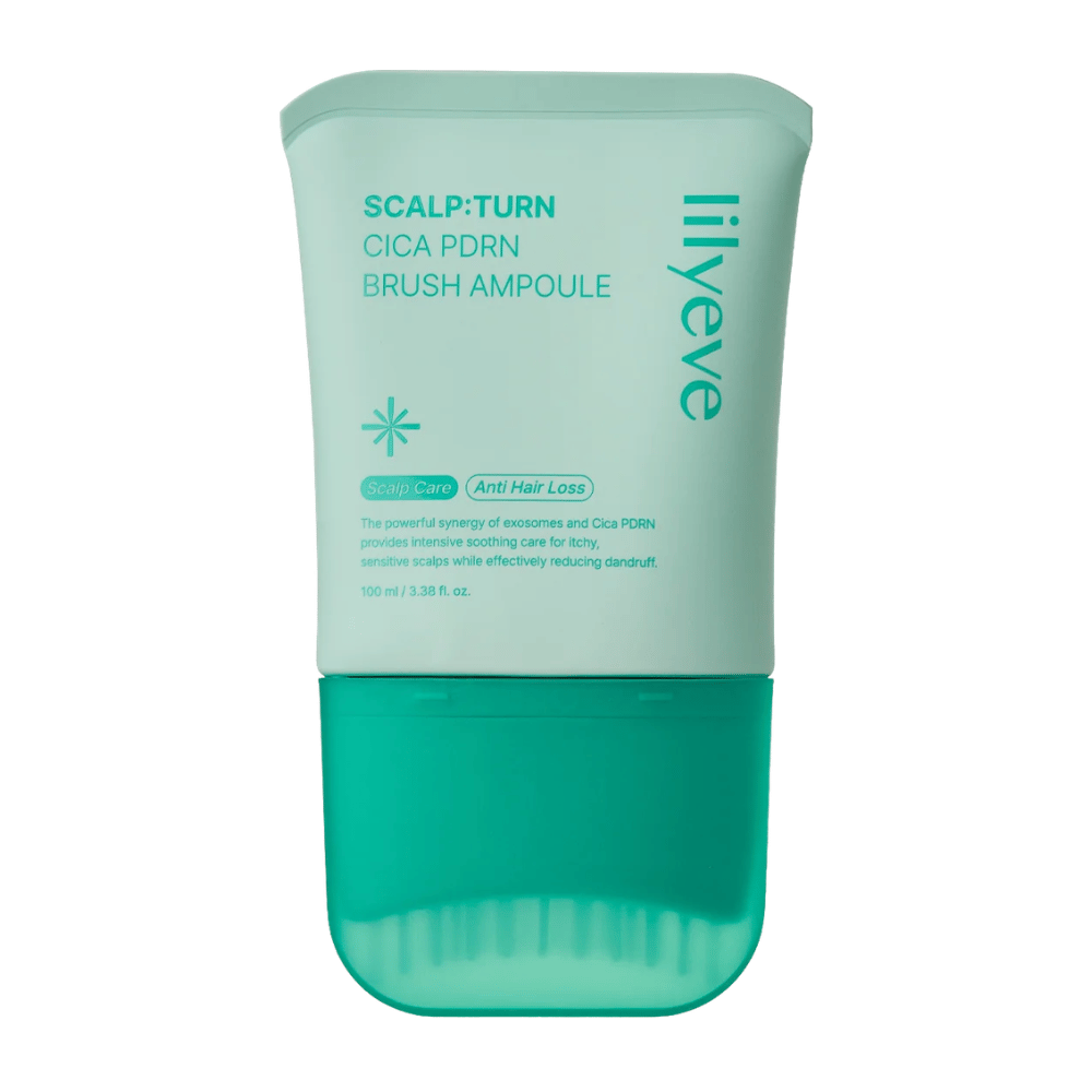 Vrijstaande productafbeelding van LILYEVE Scalp:Turn Cica PDRN Brush Ampoule tegen een witte achtergrond. Het ontwerp toont de turquoise verpakking met ingebouwde borstelapplicator voor eenvoudige applicatie direct op de hoofdhuid.