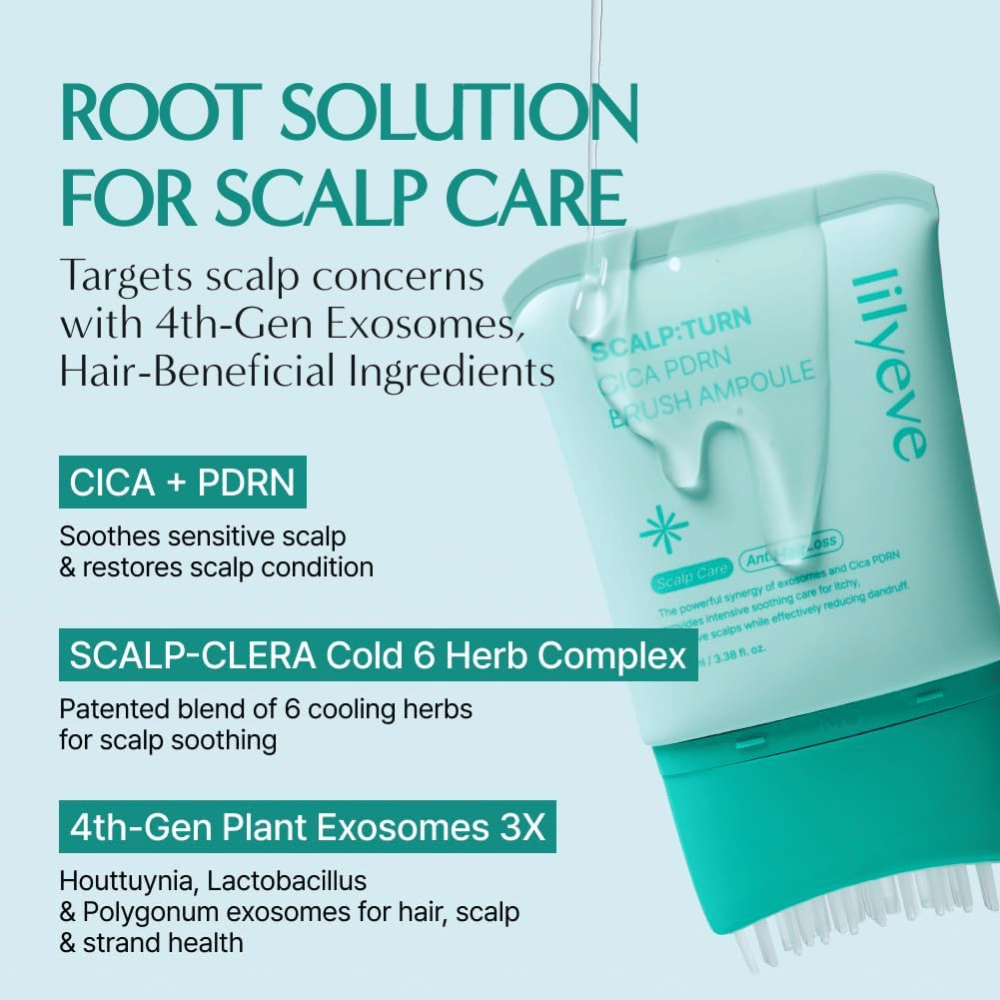 Productafbeelding van LILYEVE Scalp:Turn Cica PDRN Brush Ampoule met beschrijving van de belangrijkste ingrediënten. De afbeelding benadrukt CICA, PDRN, verkoelend kruidencomplex en plantaardige exosomen die helpen de gevoelige hoofdhuid te kalmeren en te verzorgen.