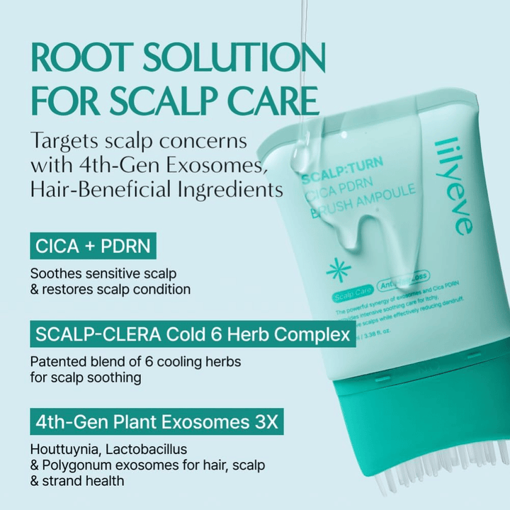 Productafbeelding van LILYEVE Scalp:Turn Cica PDRN Brush Ampoule met beschrijving van de belangrijkste ingrediënten. De afbeelding benadrukt CICA, PDRN, verkoelend kruidencomplex en plantaardige exosomen die helpen de gevoelige hoofdhuid te kalmeren en te verzorgen.