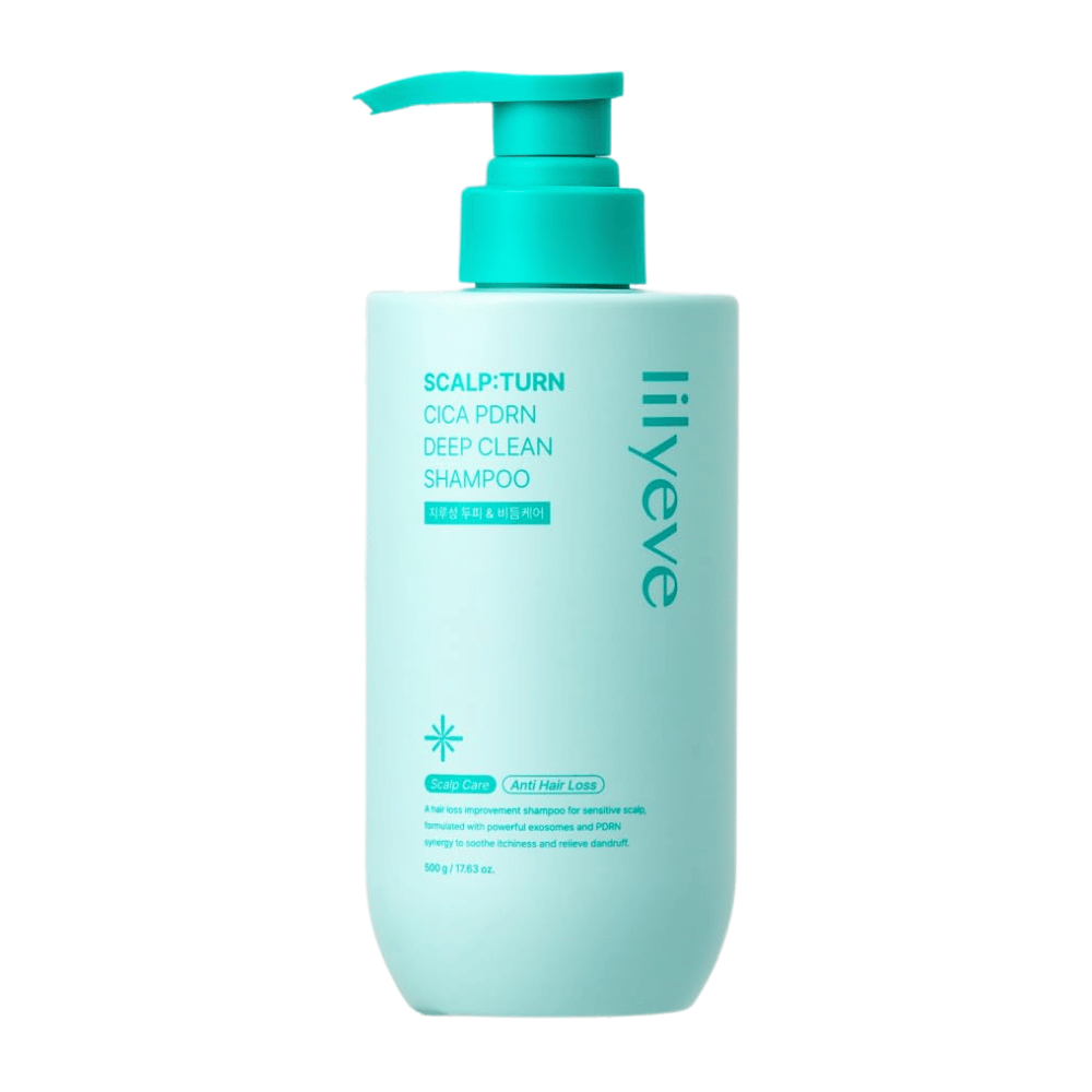 LILYEVE Scalp:Turn Cica PDRN Deep Clean Shampoo – diepreinigende shampoo met Cica, PDRN en exosomen die de hoofdhuid verzorgen en bijdragen aan gezonder haar.