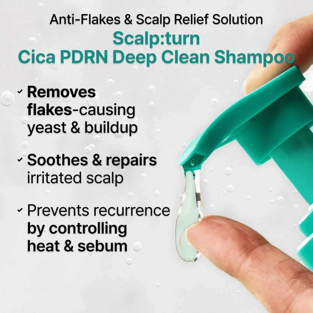 LILYEVE Scalp:Turn Cica PDRN Deep Clean Shampoo verwijdert roos, verzacht een geïrriteerde hoofdhuid en helpt talg en hittegerelateerde hoofdhuidproblemen onder controle te houden.