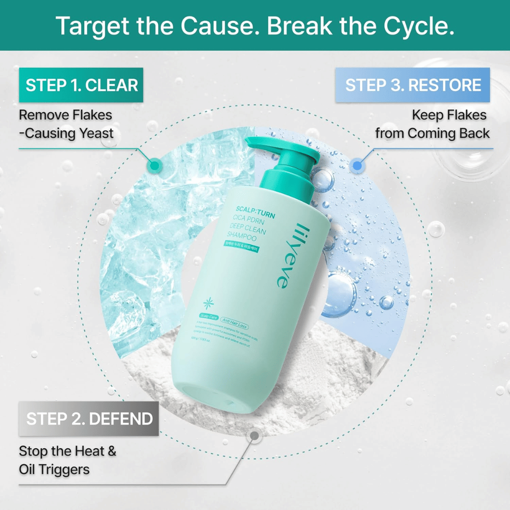 LILYEVE Scalp:Turn Cica PDRN Deep Clean Shampoo reinigt de hoofdhuid, gaat roos en overtollig talg tegen en helpt terugkerende klachten te voorkomen.
