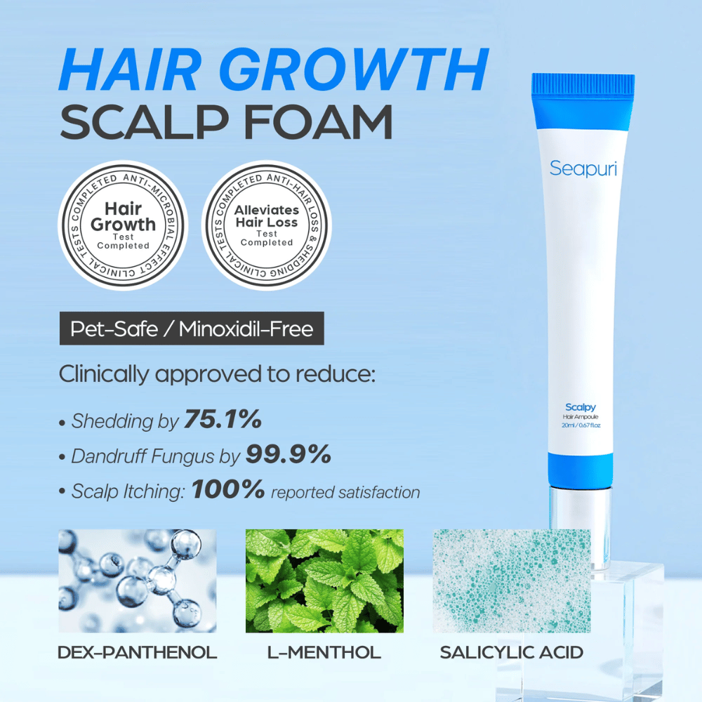 Seapuri Scalpy Hair Serum wordt getoond met tekst die klinisch bewezen effect benadrukt: verminderd haarverlies en roos, verhoogde haargroei en kalmerende hoofdhuid.