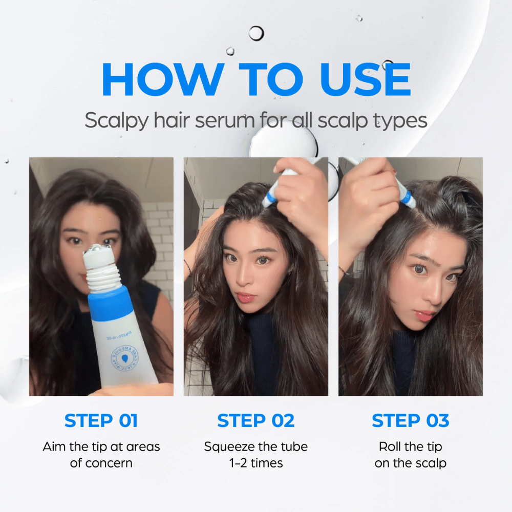 Vrouw brengt Seapuri Scalpy Hair Serum aan op de hoofdhuid. Stap-voor-stap gids toont hoe je de applicator richt, drukt en rolt voor het beste resultaat.