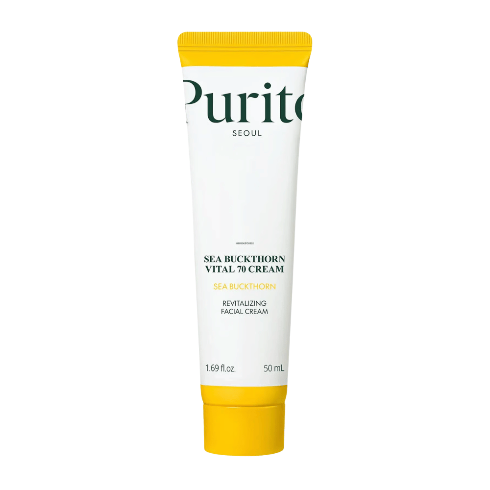 2. Purito SEOUL Sea Buckthorn Vital 70 Cream 50 ml – hydraterende gezichtscrème met 70% duindoornextract in witte tube met gele dop tegen witte achtergrond