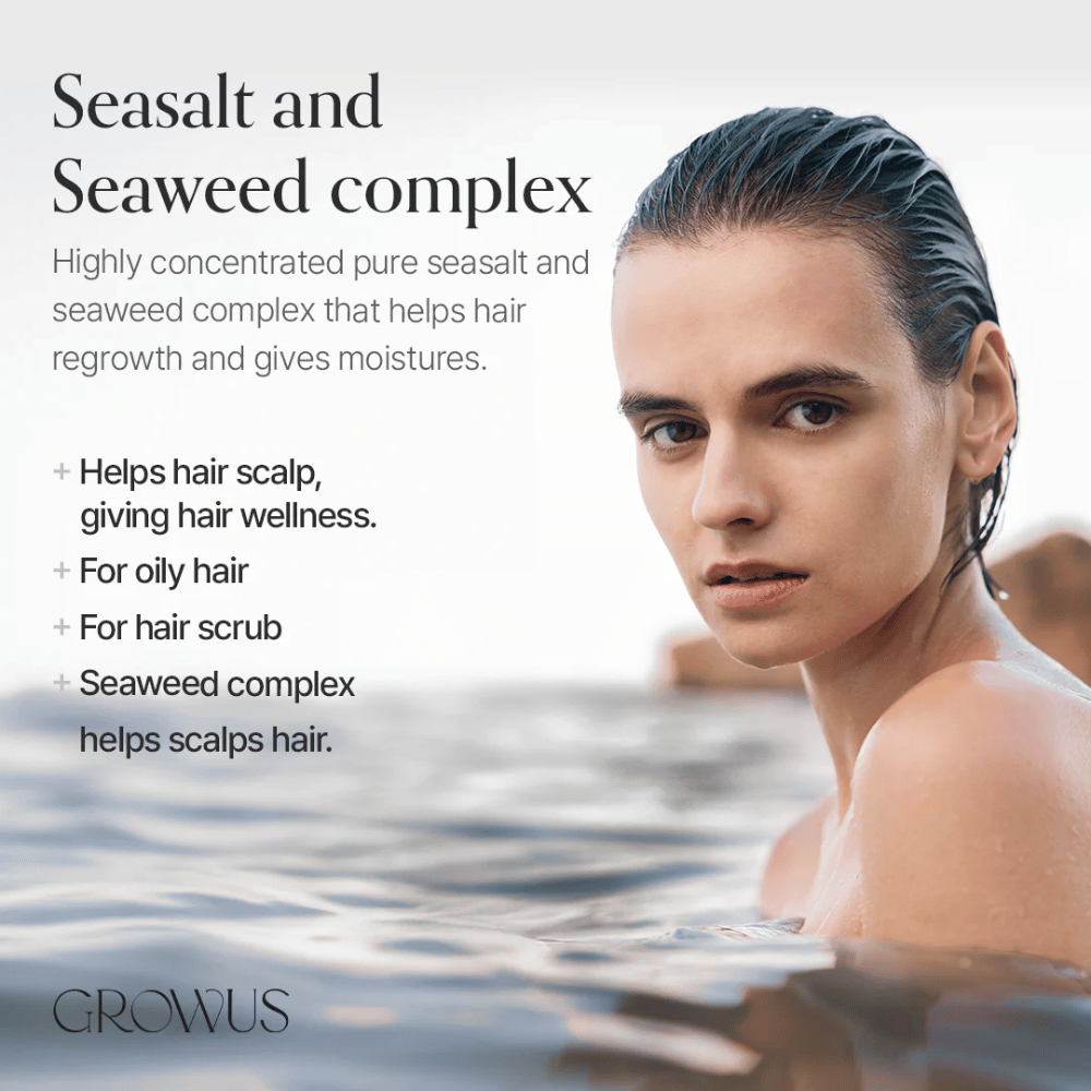 GROWUS Sea Salt Therapy Shampoo met zeewiercomplex dat de hoofdhuid kalmeert en geschikt is voor vet haar